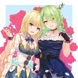 Rule 34 | 2girls, aizawa ema, antlers, blonde hair, blue eyes, blush, braid, braided bangs, branch, breasts, ceres fauna, choker, cleavage, collarbone, cosplay, costume switch, creator connection, dress, floral background, flower, frilled dress, frills, green eyes, hair flower, hair ornament, highres, holding hands, hololive, hololive english, horns, kinnrui905, lace, lace choker, large breasts, leaf, long hair, looking at viewer, mole, mole under eye, multiple girls, single braid, smile, virtual youtuber, vspo!, yellow eyes