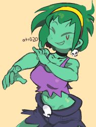 Rule 34 | 1girl, absurdres, black shorts, colored skin, cowboy shot, earrings, green hair, green skin, headband, highres, jewelry, midriff, navel, one eye closed, parted lips, purple tank top, rottytops, shadow, shantae (series), shorts, signature, simple background, skull earrings, smile, solo, tank top, whoopsatro, yellow background, yellow headband, zombie