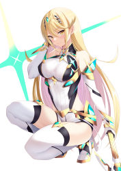 Rule 34 | 1girl, adapted costume, aegis sword (xenoblade), blonde hair, breasts, chest jewel, daive, dress, earrings, elbow gloves, gloves, highres, jewelry, large breasts, long hair, looking at viewer, mythra (xenoblade), short dress, short shorts, shorts, smile, solo, squatting, swept bangs, sword, thighhighs, tiara, very long hair, weapon, white dress, white gloves, white thighhighs, xenoblade chronicles (series), xenoblade chronicles 2, yellow eyes