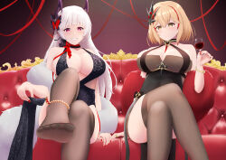 Rule 34 | 2girls, azur lane, black dress, blonde hair, breasts, brown thighhighs, center opening, choker, cleavage, couch, cup, dress, drink, drinking glass, evening gown, feather boa, from below, fur shawl, halter dress, halterneck, headgear, highres, holding, holding drink, large breasts, long hair, looking at viewer, misoka1m, multiple girls, nail polish, official alternate costume, plunging neckline, purple eyes, red choker, red hair, red nails, red wine, roon (azur lane), roon (viridescent lullaby) (azur lane), shawl, sitting, sleeveless, sleeveless dress, smile, thighhighs, tight clothes, tight dress, white hair, wine, wine glass, yellow eyes, yorck (azur lane), yorck (breaker under the blood moon) (azur lane)