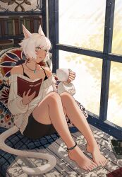Rule 34 | 1girl, animal ears, anklet, barefoot, black camisole, book, bookshelf, camisole, cat ears, cat tail, cup, facial mark, feet, final fantasy, final fantasy xiv, green nails, grey eyes, highres, holding, holding cup, jewelry, knees up, legs, legs together, lyra-kotto, miqo&#039;te, nail polish, neck tattoo, off-shoulder sweater, off shoulder, open book, pendant, short hair, shorts, sitting, solo, sweater, tail, tattoo, toenail polish, toenails, toes, whisker markings, white hair, y&#039;shtola rhul