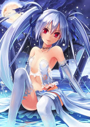 Rule 34 | 1girl, bare shoulders, blue hair, blush, breasts, cleavage, elbow gloves, fang, flat chest, full moon, gloves, hair ribbon, long hair, looking at viewer, midriff, moon, original, panties, red eyes, ribbon, sitting, small breasts, smile, solo, taletale, thighhighs, twintails, underwear, vampire, water, white thighhighs, wings