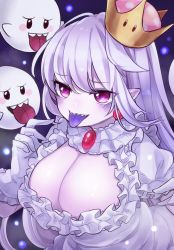 Rule 34 | 1girl, blush, boo (mario), breasts, brooch, cleavage, colored tongue, crown, dress, earrings, ghost, gloves, heart, heart-shaped pupils, highres, jewelry, large breasts, long hair, looking at viewer, luigi&#039;s mansion, mario (series), new super mario bros. u deluxe, nintendo, pink eyes, pointy ears, princess king boo, puffy short sleeves, puffy sleeves, purple background, purple tongue, short sleeves, solo, soramame pikuto, super crown, symbol-shaped pupils, teeth, tongue, tongue out, upper body, white dress, white gloves, white hair