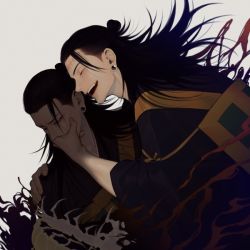 Rule 34 | 2boys, ^ ^, aura, black hair, black kimono, closed eyes, covering another&#039;s mouth, dual persona, ear piercing, getou suguru, getou suguru (kenjaku), hair bun, hair pulled back, hand on another&#039;s shoulder, hand over another&#039;s mouth, japanese clothes, jujutsu kaisen, kimono, long hair, looking at another, male focus, multiple boys, open mouth, piercing, profile, simple background, single hair bun, smile, upper body, white background, wide sleeves, zo 1o1m