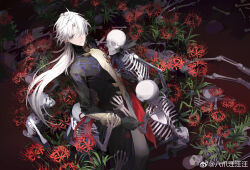 Rule 34 | 1boy, bazhua, black coat, black gloves, blade (honkai: star rail), bone, chinese clothes, closed mouth, coat, cowboy shot, curtained hair, earrings, expressionless, field, flower, flower field, gloves, grass, grey eyes, grey pants, hair over one eye, half updo, highres, honkai: star rail, honkai (series), jewelry, long hair, long sleeves, looking at viewer, looking to the side, male focus, pants, red flower, skeleton, sleeve cuffs, solo, spider lily, standing, stud earrings, turtleneck, weibo logo, weibo watermark, white hair, yingxing (honkai: star rail)