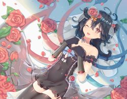 Rule 34 | 1girl, adapted costume, asymmetrical wings, bare shoulders, binan xian lu, black dress, black gloves, black hair, black thighhighs, covered navel, dress, flower, gloves, hair between eyes, hair flower, hair ornament, houjuu nue, jewelry, looking at viewer, lying, messy hair, necklace, on back, one eye closed, red eyes, red flower, red rose, rose, short dress, smile, solo, thighhighs, touhou, veil, wings, zettai ryouiki