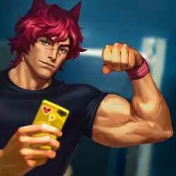 Rule 34 | 1boy, absurdres, animal ears, biceps, black shirt, blue eyes, closed mouth, flexing, heartsteel (league of legends), heartsteel sett, highres, holding, holding phone, league of legends, looking at viewer, male focus, official art, phone, red hair, scar, scar on face, scar on nose, sett (league of legends), shirt, short hair, solo, wristband