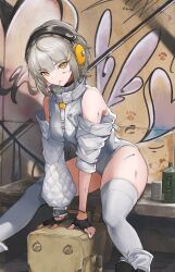 Rule 34 | 1girl, arm support, arms between legs, asymmetrical sleeves, bare shoulders, bench, black gloves, bottle, box, cup, detached sleeves, dirty, dirty face, ear protection, fingerless gloves, gloves, graffiti, grey hair, grey leotard, hair ornament, hairclip, half gloves, high collar, highres, leotard, looking at viewer, marumoru, original, short hair, sitting, skindentation, thick thighs, thighhighs, thighs, white thighhighs, yellow eyes