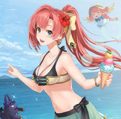 Rule 34 | 2girls, :d, bare shoulders, bikini, black bow, blush, bow, breasts, brown bow, collarbone, creature, flower, food, from side, hair bow, hair flower, hair ornament, highres, hirono (hxze4434), horizon, ice cream, ice cream cone, jewelry, long hair, monster strike, multiple girls, navel, necklace, ocean, open mouth, outdoors, ponytail, red flower, red hair, smile, solo focus, sparkle, stomach, swimsuit, teeth, upper teeth only
