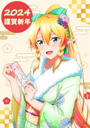 Rule 34 | 1girl, 2024, :d, alternate costume, blonde hair, bow, braid, breasts, commentary request, elf, fairy (sao), floral print, flower, green bow, green eyes, green kimono, hair between eyes, hair bow, hair flower, hair ornament, high ponytail, highres, holding, japanese clothes, ken-ji, kimono, leafa, long hair, long sleeves, looking at viewer, medium breasts, new year, obi, open mouth, pointy ears, ponytail, print kimono, sash, smile, solo, sword art online, translation request, twin braids, upper body, wide sleeves, yellow background, yellow sash