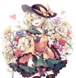Rule 34 | 1girl, :d, black thighhighs, blouse, blue eyes, blue flower, blue rose, cowboy shot, daisy, floral background, flower, frilled skirt, frilled sleeves, frills, green hair, green nails, green skirt, hat, hat ribbon, heart, komeiji koishi, lily (flower), long sleeves, looking at viewer, mimureem, nail polish, open mouth, red flower, red rose, ribbon, rose, shirt, short hair, skirt, smile, solo, thighhighs, third eye, touhou, tulip, white background, wide sleeves, yellow flower, yellow rose, yellow shirt