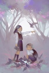 Rule 34 | 2girls, absurdres, arm up, bird, black hair, blunt bangs, blurry, closed eyes, commentary, eyelashes, feathers, forest, grass, head rest, highres, holding, loafers, long hair, multiple girls, muted color, nature, original, outdoors, outstretched arm, pigeon, pleated skirt, profile, satomatoma, school uniform, shoes, short hair, skirt, skirt set, smile, squatting, sweater vest, tree, vest