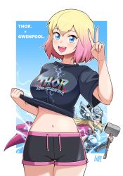Rule 34 | armor, black shorts, blonde hair, blue eyes, bowieknife, breasts, cape, clothes writing, cropped legs, gwenpool, gwenpool, helmet, highres, jane foster, marvel, marvel cinematic universe, midriff, mjolnir (marvel), multicolored hair, short hair, shorts, smile, superhero costume, thighs, thor: love and thunder, thor (marvel), two-tone hair, v