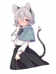 Rule 34 | 1girl, adapted costume, akagashi hagane, alternate costume, animal, animal ears, blush, capelet, full-face blush, gem, grey hair, long sleeves, looking at viewer, mouse (animal), mouse ears, mouse tail, nazrin, one eye closed, red eyes, ribbon, shirt, short hair, simple background, skirt, solo, tail, touhou, white background