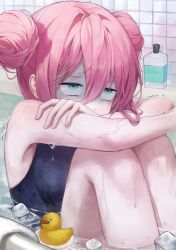 Rule 34 | 1girl, absurdres, aqua eyes, bare shoulders, bath, blue one-piece swimsuit, blush, bocchi the rock!, breasts, cold, double bun, gotoh hitori, hair between eyes, hair bun, ham99luv, highres, ice, ice cube, knees up, large breasts, one-piece swimsuit, pink hair, rubber duck, sanpaku, shaded face, shampoo bottle, solo, swimsuit, tearing up, tile wall, tiles, trembling