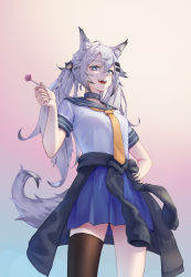 Rule 34 | 1girl, absurdres, ahoge, alternate costume, alternate hairstyle, animal ear fluff, animal ears, arknights, black choker, blue skirt, breasts, cameo, candy, character hair ornament, choker, clothes around waist, commentary, cowboy shot, english commentary, food, grey eyes, hair ornament, hairclip, hand on own hip, hand up, highres, holding, holding candy, holding food, lappland (arknights), leveup, lollipop, multicolored background, necktie, ponytail, sailor collar, scar, scar across eye, scar on face, school uniform, shirt, short sleeves, silver hair, skirt, small breasts, smile, solo, tail, texas (arknights), thighhighs, uniform, white shirt, wolf ears, wolf girl, wolf tail, yellow necktie
