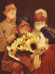 Rule 34 | 2girls, 3boys, beard, black hair, bouquet, brown background, brown jacket, chengongzi123, closed eyes, collared jacket, commentary, dark-skinned male, dark skin, facial hair, family, flower, golden kamuy, grey hair, grin, hand on another&#039;s shoulder, hands up, highres, holding, holding bouquet, jacket, koito heiji, koito heinojou, koito otonoshin, koito yuki, long sleeves, looking at another, multiple boys, multiple girls, mustache, old, old man, short hair, smile, sunflower, symbol-only commentary, upper body, very short hair, yellow flower