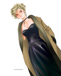 Rule 34 | 1girl, absurdres, black dress, blonde hair, breasts, brown coat, brown eyes, cleavage, coat, dress, dutch angle, frown, hands in pockets, highres, looking at viewer, medium breasts, original, short hair, signature, simple background, solo, standing, white background, zerra01