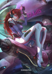 Rule 34 | 1girl, absurdres, alternate eye color, animal print, arm cannon, armor, bodysuit, boots, breasts, brown hair, character name, closed mouth, copyright name, d.va (overwatch), facepaint, facial mark, gatling gun, gloves, gun, hand up, headphones, high collar, high heel boots, high heels, highres, image sample, legs up, lips, lipstick, long hair, makeup, mecha, meka (overwatch), overwatch, overwatch 1, pilot suit, rabbit, rabbit print, red eyes, red hair, red lips, robot, shoulder pads, sitting, skin tight, smile, solo, thigh boots, thighhighs, turtleneck, weapon, whisker markings, white footwear, white gloves, white thighhighs, yuley art