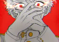 Rule 34 | covering own mouth, covering privates, danganronpa: trigger happy havoc, danganronpa (series), hands on own face, ishimaru kiyotaka, male focus, nekonokanndume, red background, red eyes, solo