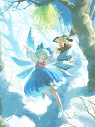 Rule 34 | 2girls, black dress, black headwear, blonde hair, blue bow, blue dress, blue hair, bow, broom, cirno, closed eyes, closed mouth, day, detached wings, dress, fairy, hair bow, hat, hat bow, highres, holding, holding broom, ice, ice wings, kajatony, kirisame marisa, long hair, long sleeves, multiple girls, open mouth, shirt, short hair, smile, snow, touhou, tree, white bow, white shirt, wings, witch hat, yellow eyes