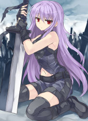 Rule 34 | 1girl, bad id, bad pixiv id, bare shoulders, belt, black gloves, black thighhighs, boots, fingerless gloves, gloves, highres, kiyoichi, kiyoichi (acacia soukyoukai), long hair, navel, original, planted, planted sword, planted weapon, purple hair, red eyes, shorts, sitting, solo, sword, thighhighs, wariza, weapon