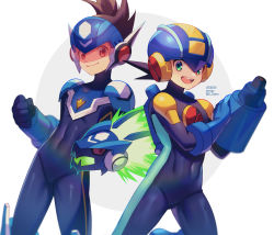 Rule 34 | 2boys, :d, arm cannon, artist name, blue bodysuit, blue headwear, blurry, bodysuit, brown eyes, brown hair, circle, clenched hand, commentary request, covered navel, dated, depth of field, fire, geo stelar (mega man), green eyes, green fire, hand on own arm, happy, helmet, highres, looking at viewer, male focus, mega man (series), mega man battle network, mega man battle network (series), mega man star force, megaman.exe, multiple boys, omega-xis (mega man), open mouth, purple bodysuit, short hair, smile, spiked hair, standing, teeth, twitter username, upper teeth only, visor, weapon, white background, zero-go