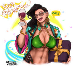 Rule 34 | 1girl, :d, abs, bikini, black hair, box, breasts, cup, dated, drinking glass, earrings, gift, gift box, green bikini, happy birthday, hershuar, holding, holding cup, jewelry, laura matsuda, long hair, navel, o-ring, o-ring bikini, open mouth, portuguese text, smile, speech bubble, street fighter, street fighter v, sunglasses, swimsuit, twitter username, upper body, wine glass