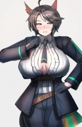 Rule 34 | 1girl, absurdres, ahoge, animal ears, belt, black hair, black jacket, black necktie, black pants, blue eyes, blush, breasts, brown belt, center frills, cleavage, clenched hand, collared shirt, commentary request, cowboy shot, ear ornament, ear piercing, frilled shirt, frills, fuji kiseki (umamusume), gloves, hair between eyes, half-closed eyes, hand on own hip, highres, horse ears, horse girl, horse tail, jacket, kanikama25, large breasts, long sleeves, looking at viewer, multicolored hair, necktie, open clothes, open jacket, pants, parted lips, partial commentary, piercing, shirt, short hair, sidelocks, simple background, smile, solo, standing, swept bangs, tail, two-tone hair, umamusume, underbust, white background, white hair, white shirt