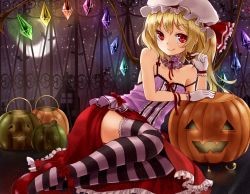 Rule 34 | 1girl, bare shoulders, bat (animal), blonde hair, bow, camisole, choker, cookie, crescent moon, flandre scarlet, food, full moon, gloves, halloween, hat, hat ribbon, highres, jack-o&#039;-lantern, legs together, lolita fashion, looking at viewer, lying, moon, night, night sky, on side, red eyes, ribbon, shironeko yuuki, short hair, side ponytail, skirt, sky, smile, solo, star (sky), star (symbol), starry sky, strap slip, striped clothes, striped thighhighs, thighhighs, touhou, white gloves, wings