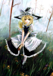 Rule 34 | 1girl, apron, blonde hair, blush, braid, broom, faux traditional media, female focus, flower, forest, grass, hat, hiepita (1014), kirisame marisa, long hair, nature, skirt, solo, touhou, tree, witch hat, yellow eyes