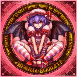 Rule 34 | 1girl, bad id, bad pixiv id, bat wings, blue hair, cosplay, english text, flandre scarlet, full body, hat, knees apart feet together, light smile, looking at viewer, maco (macoillust), red eyes, remilia scarlet, remilia scarlet (cosplay), short hair, sitting, solo, striped clothes, striped thighhighs, thighhighs, toeless legwear, toes, touhou, v arms, watermark, web address, wings, wrist cuffs