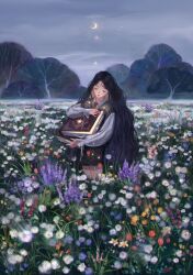 Rule 34 | 1girl, absurdres, aki a0623, black hair, book, closed eyes, crescent moon, field, flower, flower field, grey sky, grimoire, highres, long hair, long sleeves, meadow, moon, nature, necktie, original, red necktie, scenery, shirt, shorts, sky, solo, star (sky), sweater vest, tree, white shirt