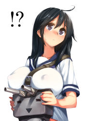 Rule 34 | !?, 10s, 1girl, ahoge, black eyes, black hair, blush, breasts, covered erect nipples, gen (black factory), highres, holding, kantai collection, large breasts, long hair, rensouhou-chan, school uniform, serafuku, simple background, solo, ushio (kancolle), white background