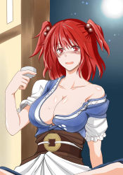 Rule 34 | 1girl, bad id, bad pixiv id, blush, breasts, choko (cup), cleavage, cup, dress, drinking, drunk, female focus, hair bobbles, hair ornament, large breasts, maki ikazuya, moon, off shoulder, onozuka komachi, open mouth, red eyes, red hair, short hair, short twintails, solo, sweat, touhou, twintails, two side up