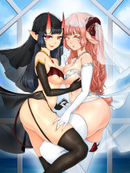 Rule 34 | 2girls, :p, aheyou keiko, ass, black gloves, black hair, black thighhighs, breasts, demon girl, demon tail, elbow gloves, fang, gloves, highres, horns, jewelry, large breasts, legs, long hair, looking at viewer, multiple girls, navel, necklace, original, over-kneehighs, pink hair, red eyes, smile, tail, thighhighs, tongue, tongue out, white gloves, white thighhighs, yellow eyes, yuri