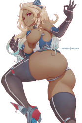 Rule 34 | 1girl, absurdres, ass, azur lane, black gloves, black thighhighs, blonde hair, blue hair, blue ribbon, breasts, brooklyn (azur lane), closed mouth, dark-skinned female, dark skin, elbow gloves, gloves, gradient hair, hair ribbon, highres, large breasts, long hair, looking at viewer, melowh, multicolored hair, red eyes, ribbon, simple background, smile, solo, striped ribbon, thighhighs, white background
