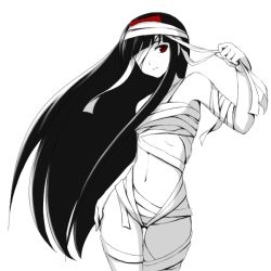 Rule 34 | 1girl, atsukan, bandages, bandage over one eye, bandages, black hair, bow, greyscale, headband, long hair, midriff, monochrome, naked bandage, one-eyed, red eyes, solo, spot color, unknown, very long hair