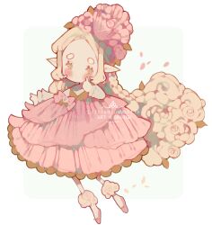 Rule 34 | 1girl, adoptable, artist name, blush stickers, bow, braid, carnation, chibi, closed mouth, commentary, dress, english commentary, eyelashes, fairy, finger to cheek, flower, flower-shaped hair, flower anklet, flower dress, footwear bow, frilled dress, frilled sleeves, frills, green eyes, hair flower, hair ornament, leaf hair ornament, light smile, littlebluemuffin, long hair, long sleeves, looking at viewer, original, petals, pink bow, pink carnation, pink dress, pink flower, pink footwear, pointy ears, rose, shoes, short dress, single braid, solo, square, very long hair, watermark, white background, white sleeves