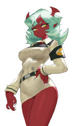 Rule 34 | 1girl, absurdres, bori diary, breasts, colored skin, commentary, cowboy shot, demon girl, fang, green eyes, green hair, hand on own hip, highres, horns, large breasts, long hair, looking at viewer, looking down, medium breasts, panty &amp; stocking with garterbelt, pointy ears, red skin, scanty (psg), skirt, symbol-only commentary, yellow eyes