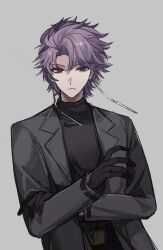 Rule 34 | 1boy, black gloves, black sweater, closed mouth, earrings, frown, gloves, grey background, grey jacket, jacket, jewelry, linguihong01278, long sleeves, looking at viewer, male focus, necktie, open clothes, open jacket, purple hair, red necktie, saibou shinkyoku, short hair, simple background, solo, sweater, theodore riddle, turtleneck, turtleneck sweater, upper body
