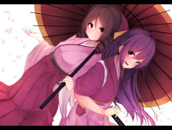 Rule 34 | 10s, 2girls, :d, bad id, bad pixiv id, blush, breasts, brown hair, closed mouth, drill hair, dutch angle, hair between eyes, hair ribbon, hakama, hakama skirt, harukaze (kancolle), highres, hip vent, holding, holding umbrella, japanese clothes, kamikaze (kancolle), kantai collection, katana, kimono, large breasts, letterboxed, long hair, long sleeves, looking at viewer, meiji schoolgirl uniform, multiple girls, open mouth, over shoulder, parasol, petals, pink hakama, purple hair, red eyes, red hakama, red umbrella, rerrere, ribbon, shared umbrella, sheath, sheathed, short hair, short sleeves, simple background, skirt, smile, standing, sword, twin drills, umbrella, very long hair, weapon, white background, wide sleeves, yellow ribbon