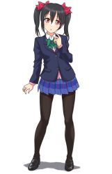 Rule 34 | 10s, 1girl, black hair, black pantyhose, blazer, bow, bowtie, buttons, cardigan, full body, hair bow, highres, jacket, long sleeves, looking at viewer, love live!, love live! school idol project, pantyhose, pleated skirt, red eyes, school uniform, shadow, shirt, shoes, short hair, short twintails, simple background, skirt, solo, standing, tetopetesone, twintails, white background, white shirt, yazawa nico