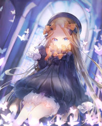 Rule 34 | 1girl, abigail williams (fate), black bow, black dress, black hat, blonde hair, bloomers, blue eyes, blurry, blurry background, bow, bug, butterfly, church interior, closed mouth, commentary request, depth of field, dress, fate/grand order, fate (series), forehead, hair bow, hat, head tilt, highres, indoors, insect, long hair, long sleeves, looking at viewer, orange bow, parted bangs, polka dot, polka dot bow, shiromi, sleeves past fingers, sleeves past wrists, solo, stuffed animal, stuffed toy, teddy bear, underwear, very long hair, white bloomers, window