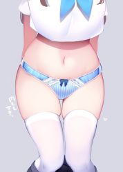 Rule 34 | 1girl, black skirt, blue neckerchief, blue panties, bow, bow panties, chikuwa., clothes pull, commentary request, crop top, grey background, heart, highres, navel, neckerchief, original, panties, shirt, short hair, simple background, skindentation, skirt, skirt pull, solo, striped clothes, striped panties, thighhighs, translation request, underwear, vertical-striped clothes, vertical-striped panties, white shirt, white thighhighs