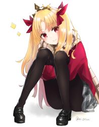 Rule 34 | 1girl, black footwear, black pantyhose, blonde hair, bow, coat, diadem, ereshkigal (fate), fate/grand order, fate (series), grey skirt, hair bow, highres, hugging own legs, long hair, long sleeves, looking at viewer, miniskirt, pantyhose, pleated skirt, red bow, red coat, red eyes, scarf, simple background, sitting, skirt, smile, solo, twintails, twitter username, white background, yamamura umi