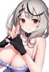 Rule 34 | 1girl, bad id, bad twitter id, bare arms, bare shoulders, black collar, black gloves, black hair, blush, breasts, cleavage, closed mouth, collar, commentary request, fang, fang out, fingerless gloves, gloves, hair ornament, hololive, large breasts, long hair, looking at viewer, multicolored hair, nail polish, nidaime (doronbo), red eyes, red nails, sakamata chloe, silver hair, simple background, skin fang, smile, solo, steepled fingers, streaked hair, upper body, virtual youtuber, white background, x hair ornament
