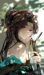 Rule 34 | 1girl, :|, black eyes, black hair, blurry, blurry background, branch, closed mouth, dappled sunlight, day, facial mark, forehead mark, from side, green shirt, hair branch, hair bun, hand up, highres, holding, holding branch, jiu niangzi, long hair, looking at viewer, off shoulder, outdoors, reverse:1999, shirt, single bare shoulder, single side bun, solo, sunlight, tree, tree shade, upper body, waffle820