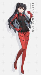 Rule 34 | 1girl, adapted costume, artist name, between fingers, black hair, blue eyes, bodysuit, breasts, commentary request, copyright name, cosplay, covered navel, earrings, fate (series), full body, hair ornament, hand on own hip, highres, holding, interface headset, jewelry, long hair, long sleeves, looking at viewer, neon genesis evangelion, open mouth, parted bangs, plugsuit, rebuild of evangelion, red bodysuit, shadow, siino, simple background, skin tight, small breasts, smile, solo, souryuu asuka langley (cosplay), tohsaka rin, turtleneck, twintails