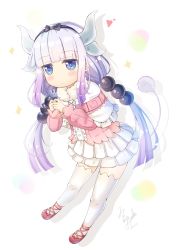 Rule 34 | 1girl, blue eyes, capelet, child, commentary request, dragon girl, dragon horns, hair bobbles, hair ornament, hairband, highres, holding, horns, kanna kamui, kobayashi-san chi no maidragon, looking at viewer, low twintails, mary janes, quin (himegata alice), shoes, signature, silver hair, solo, thighhighs, thighs, twintails, white thighhighs, zettai ryouiki